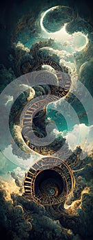 Fantasy library with spiral stairs to the sky. Generative Ai