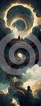 Fantasy library with spiral stairs to the sky. Generative Ai