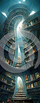 Fantasy library with spiral stairs to the sky. Generative Ai