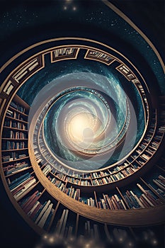 Fantasy library with spiral stairs to the sky. Generative Ai