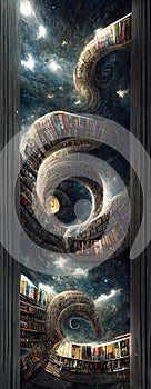 Fantasy library with spiral stairs to the sky. Generative Ai