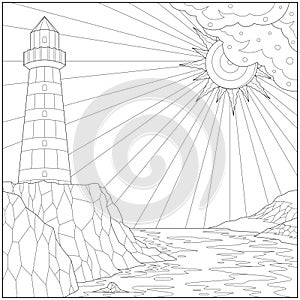 Fantasy lighthouse on the shore under the sunlight. Learning and education coloring page illustration