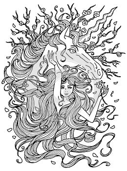 Design line art illustration with hand drawn beautiful fairy girl or princess and magic unicorn