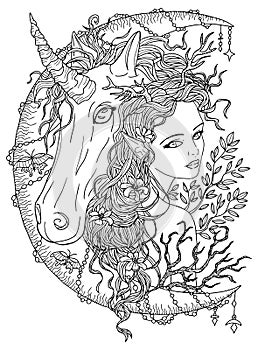 Fantasy line art illustration with beautiful princess girl and unicorn for coloring