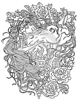 Fantasy line art illustration with beautiful princess girl and unicorn for coloring