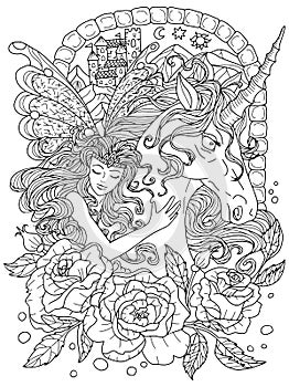 Fantasy line art illustration with beautiful princess girl and unicorn for coloring