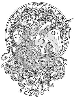 Fantasy line art illustration with beautiful princess girl and unicorn for coloring