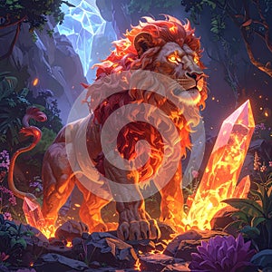 Fantasy lion standing on rocks with fire