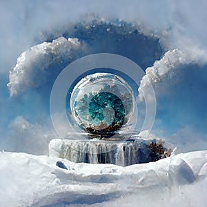 Fantasy little frosted planet on frozen waterfall surface