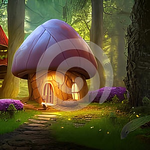 Fantasy little mushroom-like cottage in magical forest