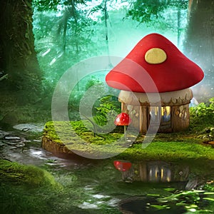 Fantasy little mushroom-like cottage in magical forest