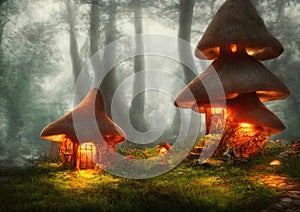 Fantasy little mushroom-like cottages in magical forest