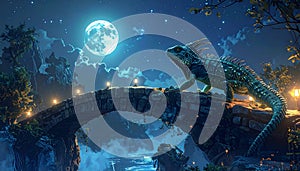 Fantasy Lizard on Ancient Stone Bridge