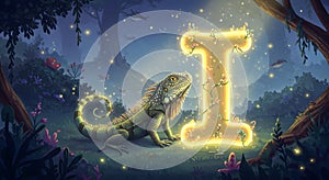 Magical Iguana with Glowing Letter 'I' in Enchanted Forest
