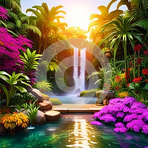 Fantasy Lush Tropical Paradise with Waterfall 04