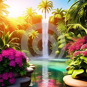 Fantasy Lush Tropical Paradise with Waterfall 14