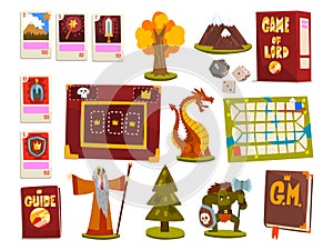 Fantasy Magic Board Game Elements with Map and Cards Vector Set
