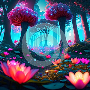 Fantasy magic forest with lotus flowers. 3D illustration. Generative AI