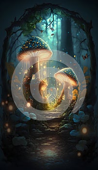 Fantasy magic forest with mushrooms. Fairytale scene. 3D illustration.