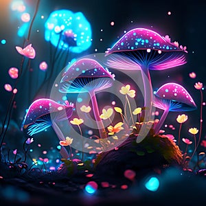 Fantasy magic mushrooms glowing in the dark night forest, vector illustration AI Generated