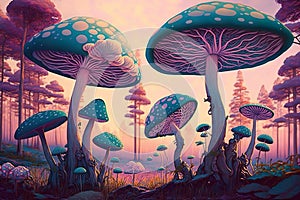 Fantasy magic pink purple mushrooms. Alien forest world. Generative AI