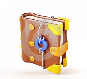 Fantasy magic spell book 3d render icon. Witch or wizard diary in leather cover with gold frame, metal wire. Witchcraft