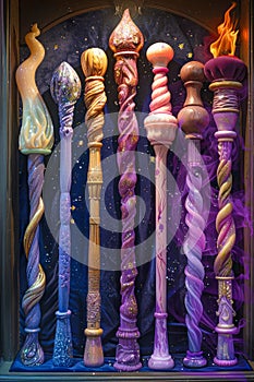 Fantasy Magic Wands Collection Display for Wizardry and Witchcraft, Colorful Enchanted Staves with Mystical Themes photo