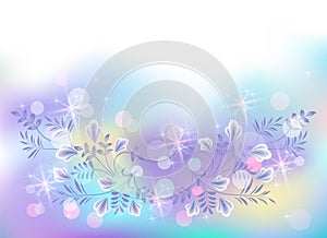 Fantasy and magical background with bokeh and fabulous flowers in which unicorn dwells