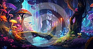 Fantasy magical forest. Video Game\'s Digital CG Artwork, Concept Illustration, Realistic Cartoon Style Background