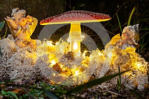 Fantasy Magical Mushrooms and elfs in enchanted Fairy Tale dreamy elf Forest with fabulous Fairytale moss and lights on