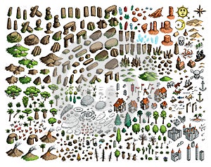 Fantasy map elements illustration, drawing, engraving, ink, line art, vector