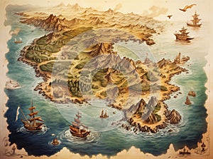 A fantasy map of a sea with islands, coastlines, and treasure.