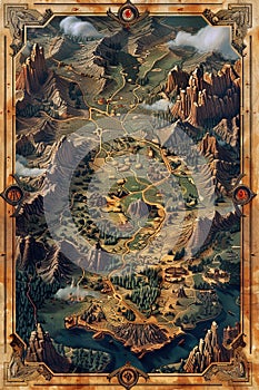Fantasy map of an uncharted world created in an intricate detailed style photo