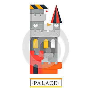 Fantasy medieval palace with towers and flags. Heart dragon fortress