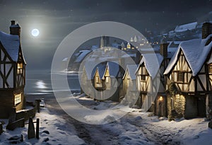 medieval seaside town in winter at night with ancient timber framed buildings covered in snow and a full moon with stars