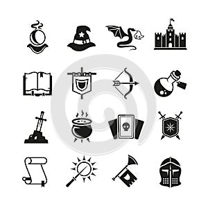 Fantasy medieval tale vector icons. Mystery magic and knight pictograms