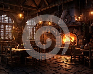 fantasy medieval tavern inn with bread food and drink on tables burning open fireplace.