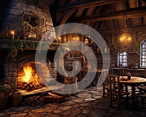 fantasy medieval tavern inn with bread food and drink on tables burning open fireplace.