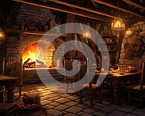 fantasy medieval tavern inn with bread food and drink on tables burning open fireplace.