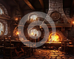 fantasy medieval tavern inn with bread food and drink on tables burning open fireplace.