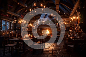 Fantasy medieval tavern inn interior with bread, food and drink on tables, burning open fireplace, candles