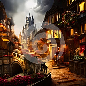 Fantasy medieval town and castle