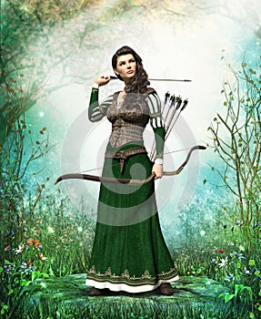 Fantasy medieval woman archer protecting a mystery forest