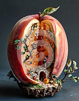 Fantasy miniature world inside a split peach