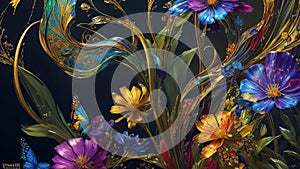 Fantasy Modern Artwork of Mesmerizing Colorful Oil Painted, Jewel-Toned Butterflies And Wild Flowers, Against A Dark Alcohol Ink