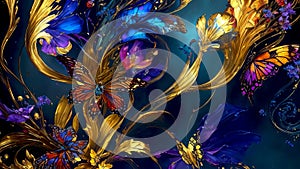 Fantasy Modern Artwork of Mesmerizing Colorful Oil Painted, Jewel-Toned Butterflies And Wild Flowers, Against A Dark Alcohol Ink