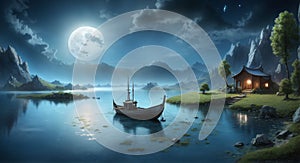 Fantasy moon and fishing boat