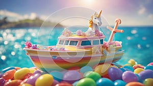 A fantasy motor boat with colorful navigation, floating on a rainbow sea under a sunny sky. with a unicorn