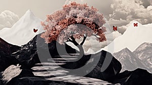 fantasy mountain world, a technologically advanced mountaintop world with holographic butterflies, crystalline trees photo