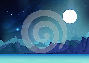 Fantasy mountains abstract background vector illustration with planet and galaxy space, stars scatter on milky way, landscape of